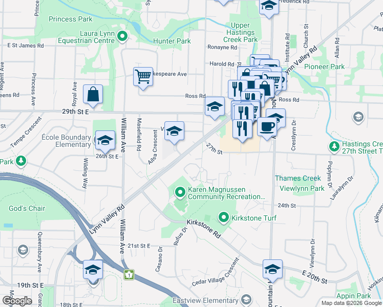 map of restaurants, bars, coffee shops, grocery stores, and more near 1071 Lynn Valley Road in North Vancouver