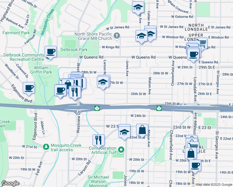 map of restaurants, bars, coffee shops, grocery stores, and more near 432 26th Street West in North Vancouver