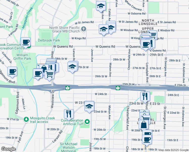 map of restaurants, bars, coffee shops, grocery stores, and more near 352 26th Street West in North Vancouver