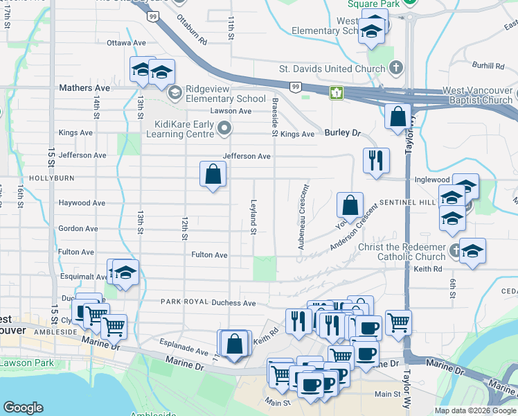 map of restaurants, bars, coffee shops, grocery stores, and more near 990 Leyland Street in West Vancouver