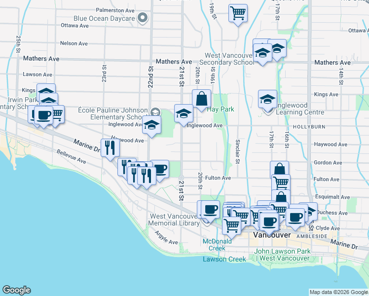 map of restaurants, bars, coffee shops, grocery stores, and more near in West Vancouver