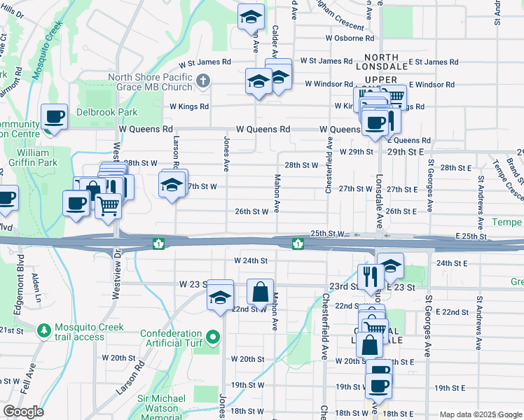 map of restaurants, bars, coffee shops, grocery stores, and more near 316 26th Street West in North Vancouver