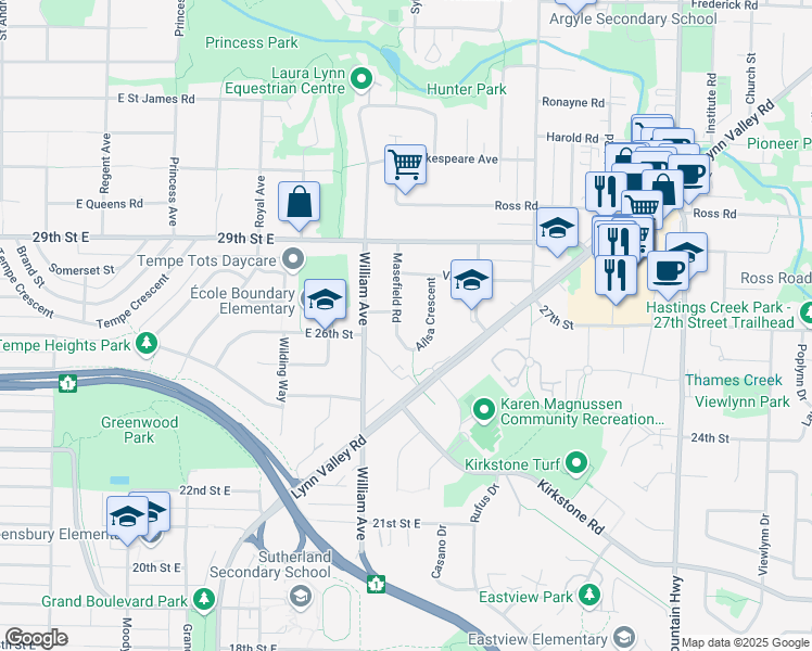 map of restaurants, bars, coffee shops, grocery stores, and more near 2632 Masefield Road in North Vancouver
