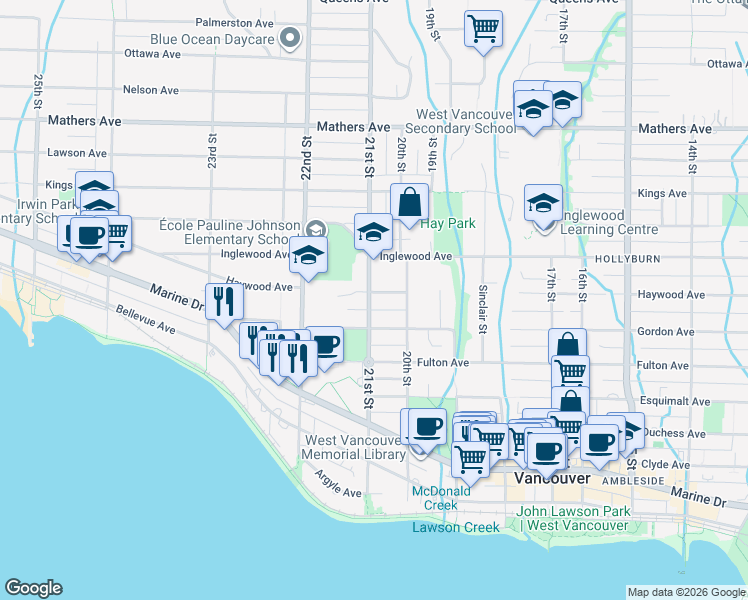 map of restaurants, bars, coffee shops, grocery stores, and more near 2094 Haywood Avenue in West Vancouver