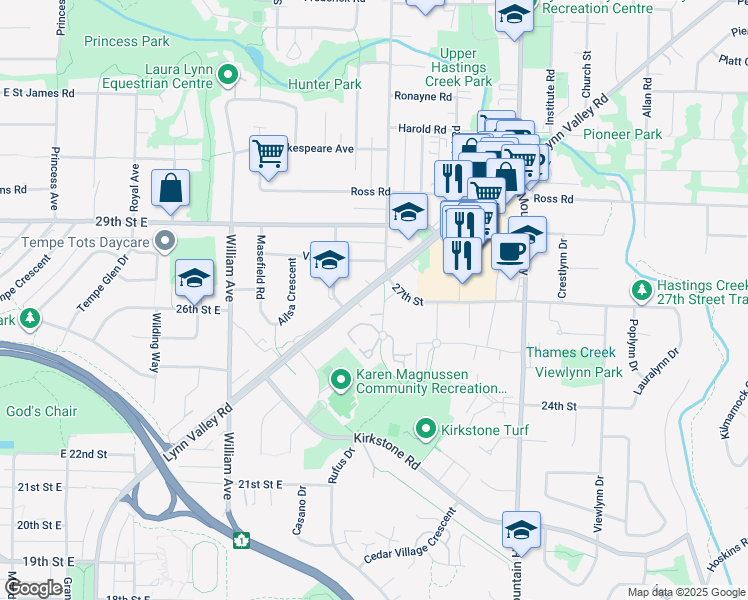 map of restaurants, bars, coffee shops, grocery stores, and more near 1075 Lynn Valley Road in North Vancouver
