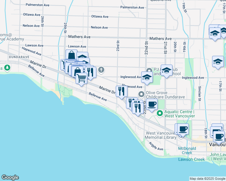map of restaurants, bars, coffee shops, grocery stores, and more near 2319 Marine Drive in West Vancouver