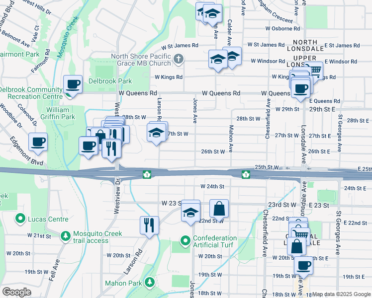 map of restaurants, bars, coffee shops, grocery stores, and more near 415 26th Street West in North Vancouver