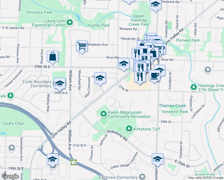 map of restaurants, bars, coffee shops, grocery stores, and more near 1073 Lynn Valley Road in North Vancouver