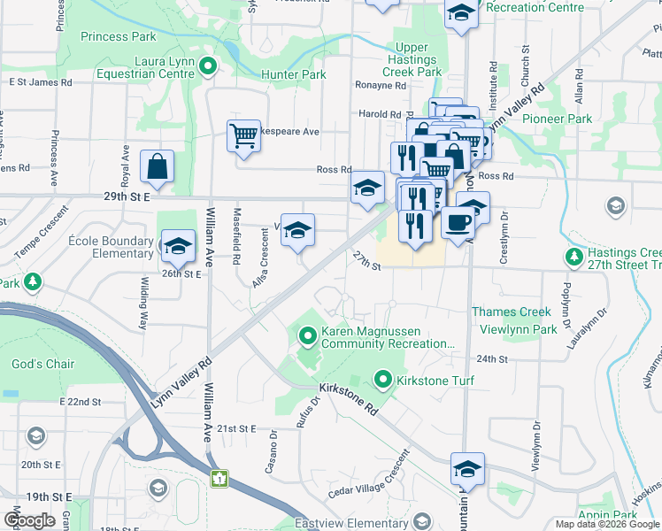 map of restaurants, bars, coffee shops, grocery stores, and more near 1073 Lynn Valley Road in North Vancouver