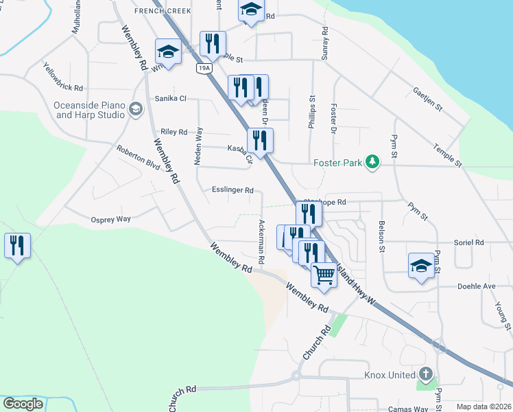 map of restaurants, bars, coffee shops, grocery stores, and more near 588 Castle Way in Parksville