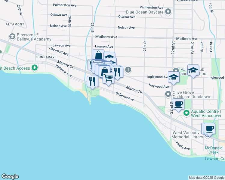 map of restaurants, bars, coffee shops, grocery stores, and more near in Vancouver