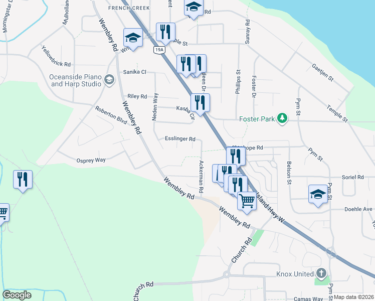 map of restaurants, bars, coffee shops, grocery stores, and more near 599 Castle Way in Parksville