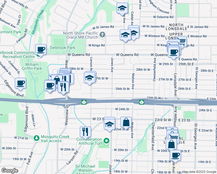 map of restaurants, bars, coffee shops, grocery stores, and more near 408 26th Street West in North Vancouver