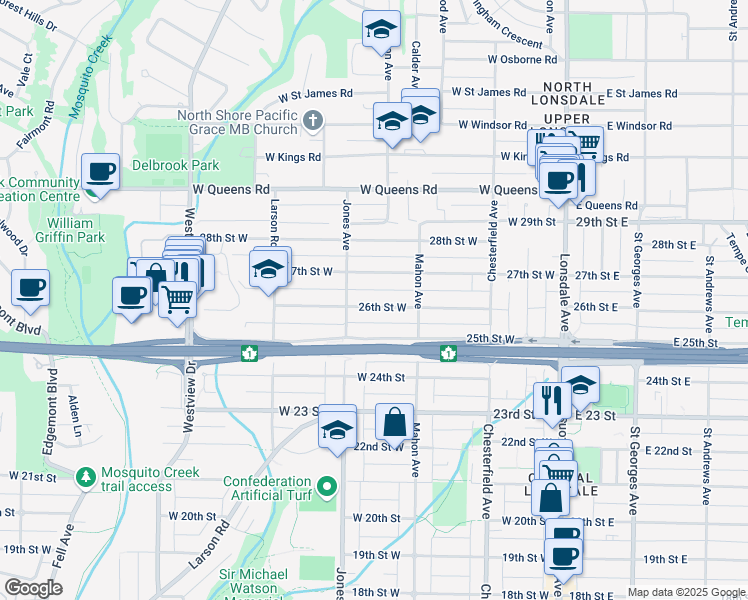 map of restaurants, bars, coffee shops, grocery stores, and more near in North Vancouver