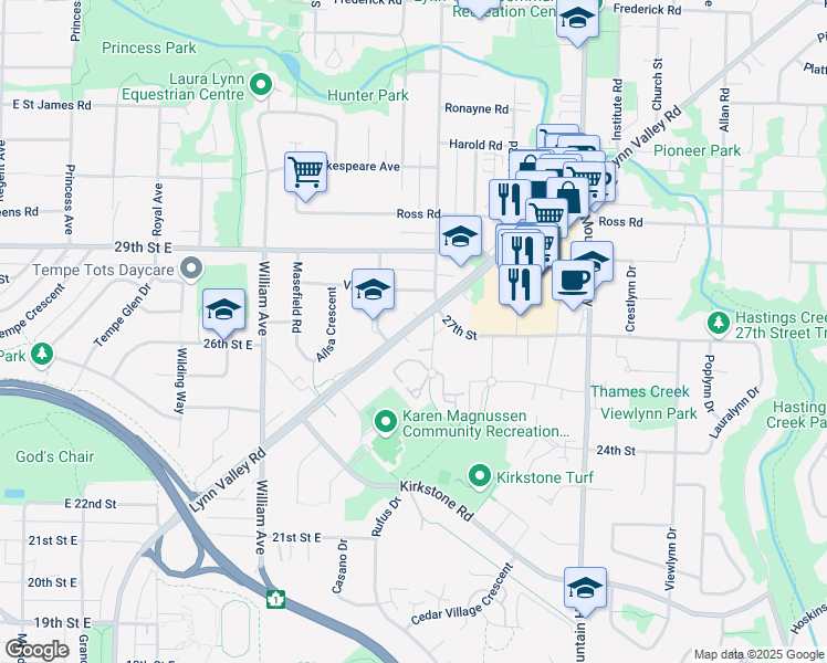 map of restaurants, bars, coffee shops, grocery stores, and more near 1073 Lynn Valley Road in North Vancouver