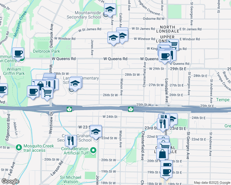 map of restaurants, bars, coffee shops, grocery stores, and more near 316 26th Street West in North Vancouver
