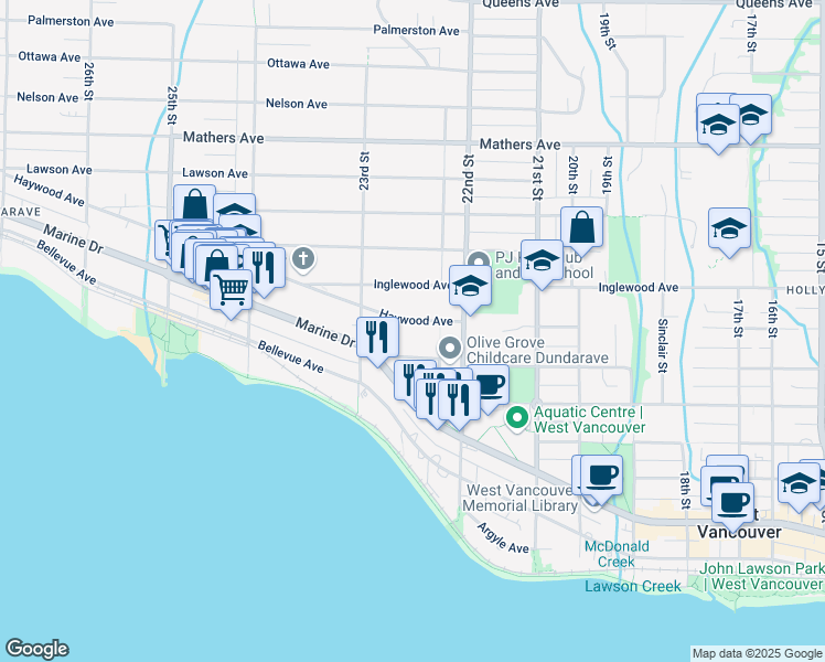 map of restaurants, bars, coffee shops, grocery stores, and more near 2250 Haywood Avenue in West Vancouver