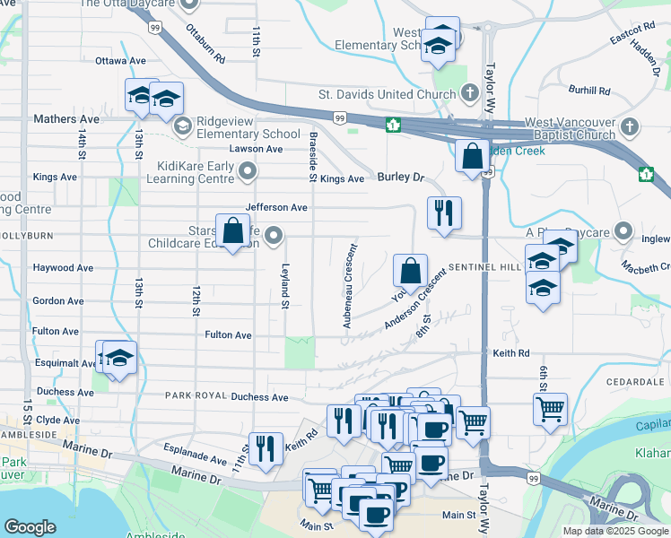 map of restaurants, bars, coffee shops, grocery stores, and more near 1015 Aubeneau Crescent in West Vancouver
