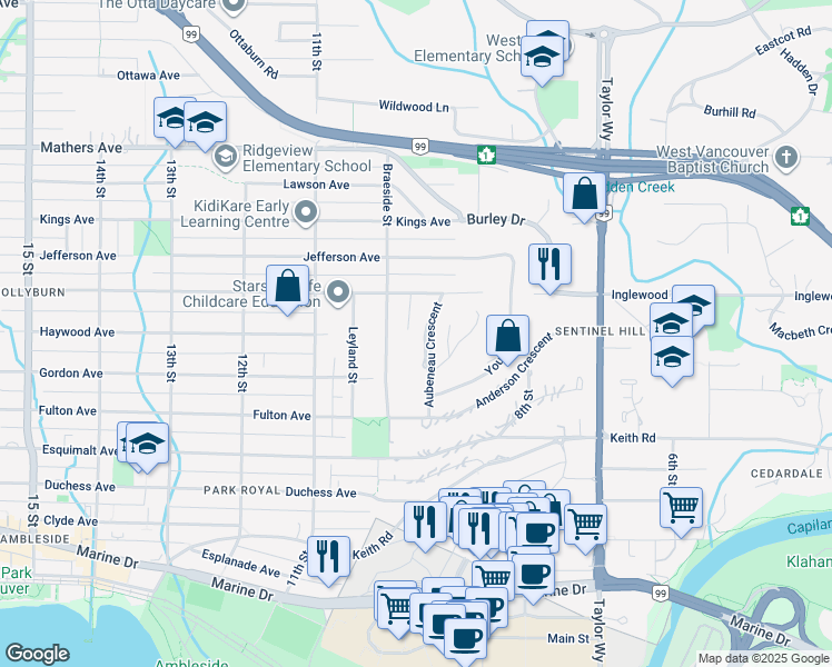 map of restaurants, bars, coffee shops, grocery stores, and more near 1015 Aubeneau Crescent in West Vancouver
