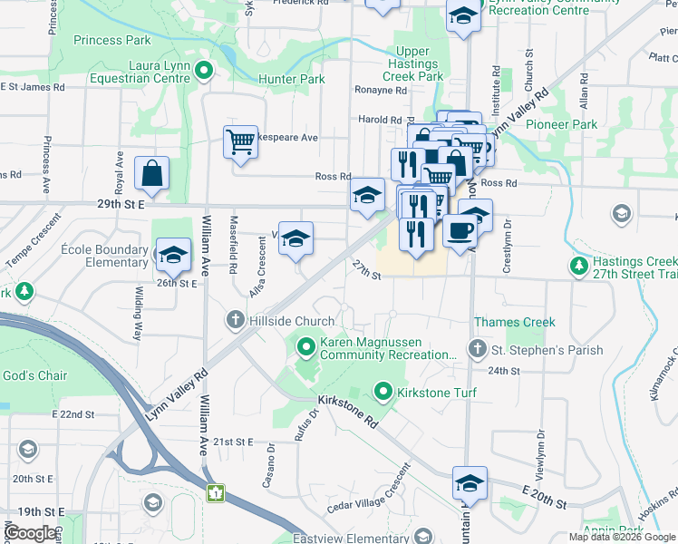 map of restaurants, bars, coffee shops, grocery stores, and more near 1075 Lynn Valley Road in North Vancouver