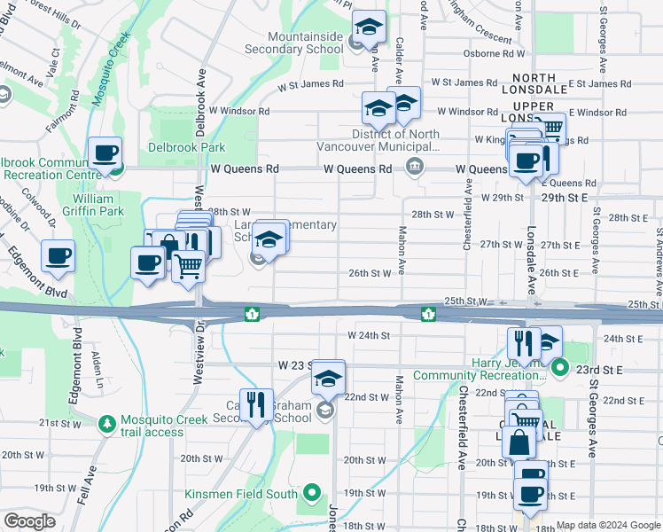 map of restaurants, bars, coffee shops, grocery stores, and more near 402 26th Street West in North Vancouver