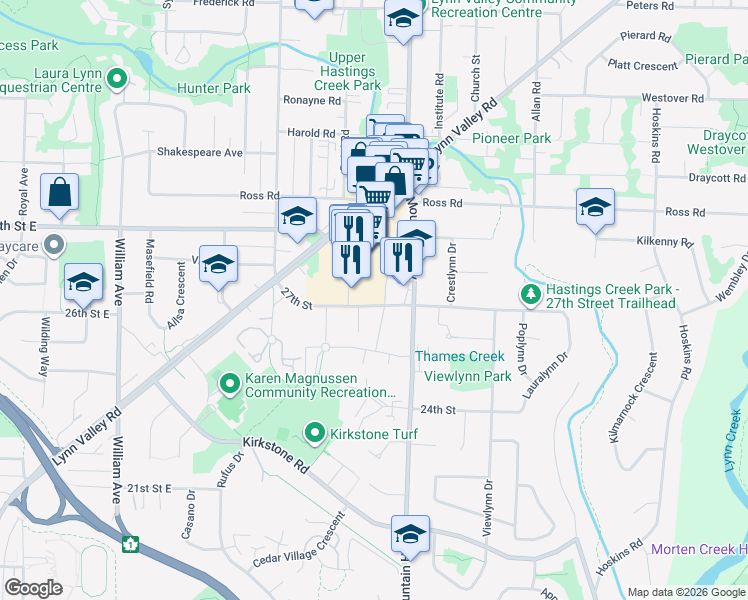 map of restaurants, bars, coffee shops, grocery stores, and more near 1236 27th Street in North Vancouver