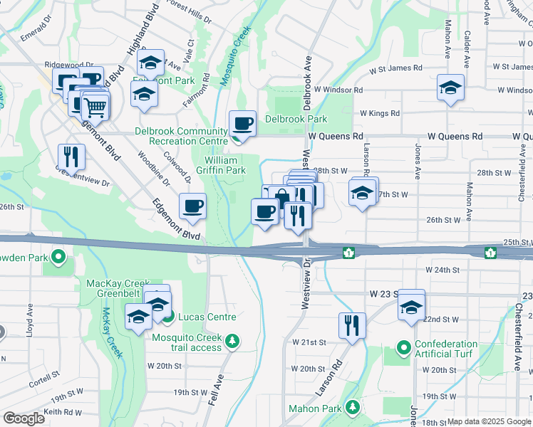 map of restaurants, bars, coffee shops, grocery stores, and more near 799 Westview Crescent in North Vancouver