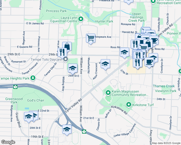 map of restaurants, bars, coffee shops, grocery stores, and more near 2654 Masefield Road in North Vancouver