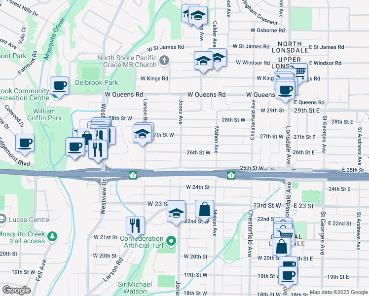 map of restaurants, bars, coffee shops, grocery stores, and more near 352 26th Street West in North Vancouver