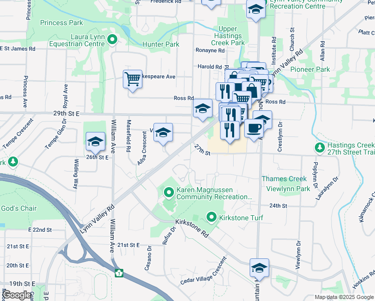 map of restaurants, bars, coffee shops, grocery stores, and more near 1075 Lynn Valley Road in North Vancouver