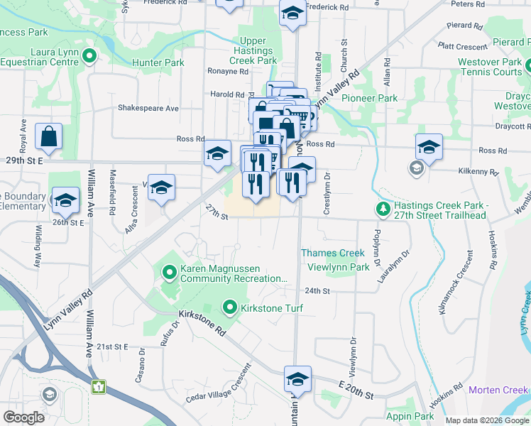 map of restaurants, bars, coffee shops, grocery stores, and more near 1210 East 27th Avenue in Vancouver