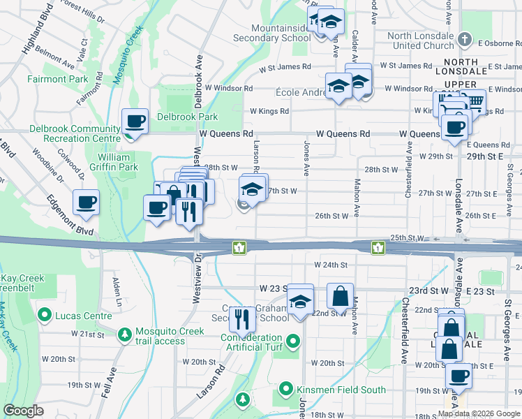 map of restaurants, bars, coffee shops, grocery stores, and more near 462 26th Street West in North Vancouver