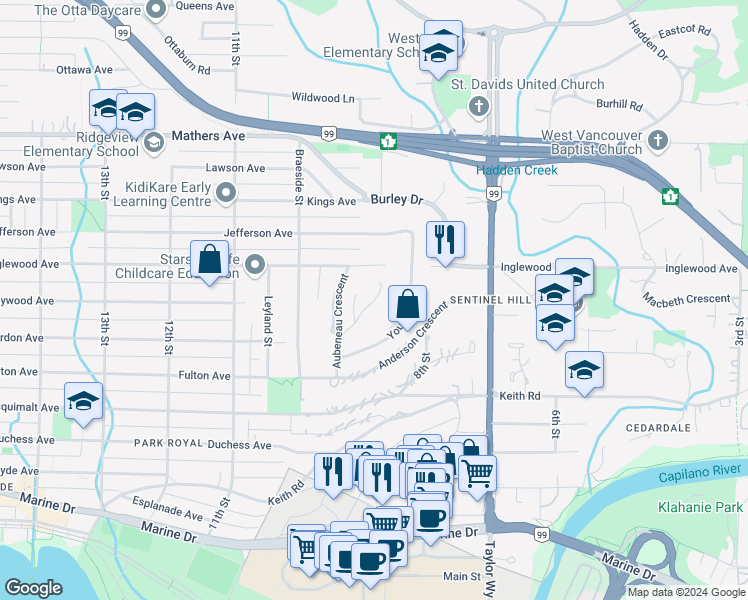 map of restaurants, bars, coffee shops, grocery stores, and more near 835 Sentinel Drive in West Vancouver