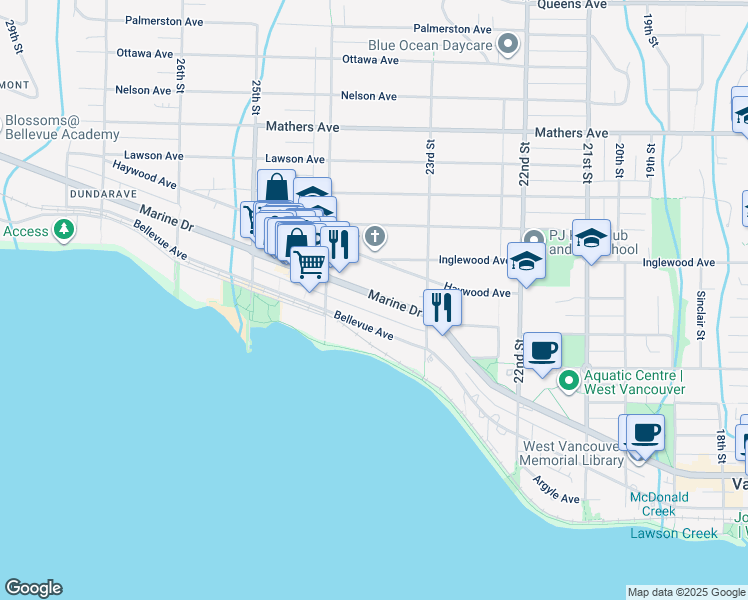 map of restaurants, bars, coffee shops, grocery stores, and more near 2352 Marine Drive in West Vancouver