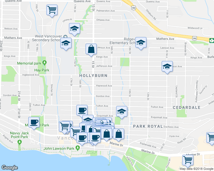 map of restaurants, bars, coffee shops, grocery stores, and more near 1425 Haywood Avenue in West Vancouver
