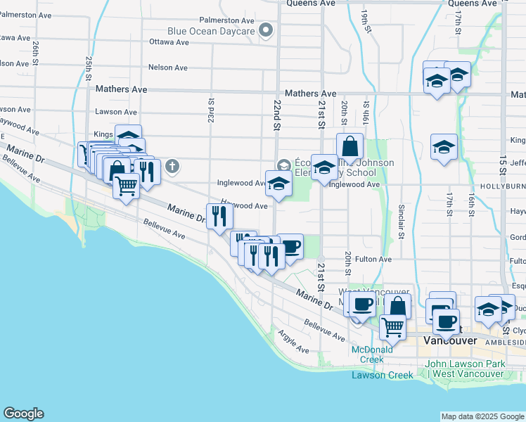 map of restaurants, bars, coffee shops, grocery stores, and more near 2220 Haywood Avenue in West Vancouver