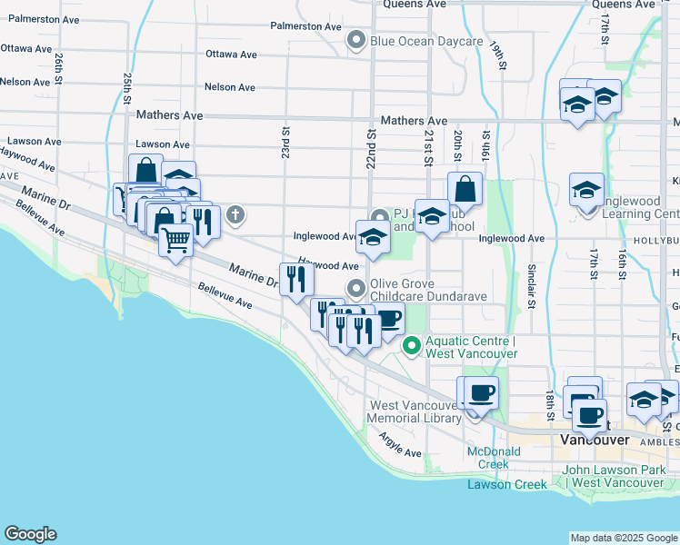 map of restaurants, bars, coffee shops, grocery stores, and more near 2226 Haywood Avenue in West Vancouver