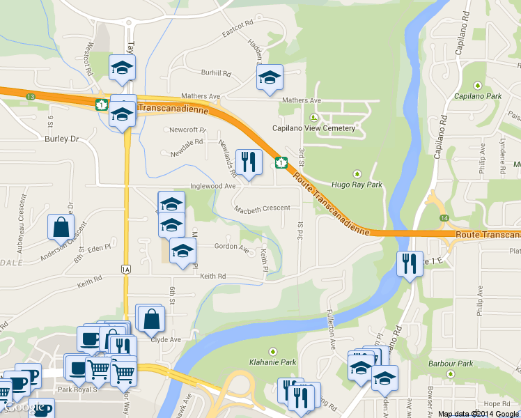 map of restaurants, bars, coffee shops, grocery stores, and more near Macbeth Crescent in West Vancouver