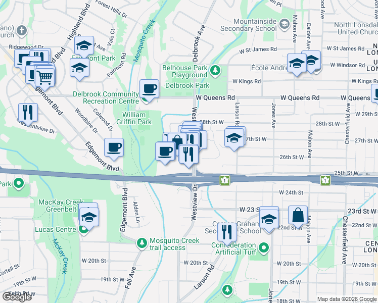 map of restaurants, bars, coffee shops, grocery stores, and more near 2609 Westview Drive in North Vancouver