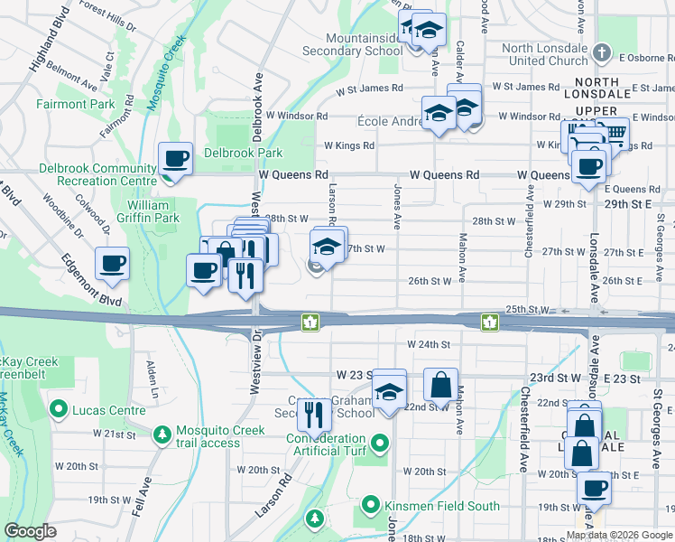 map of restaurants, bars, coffee shops, grocery stores, and more near 462 26th Street West in North Vancouver
