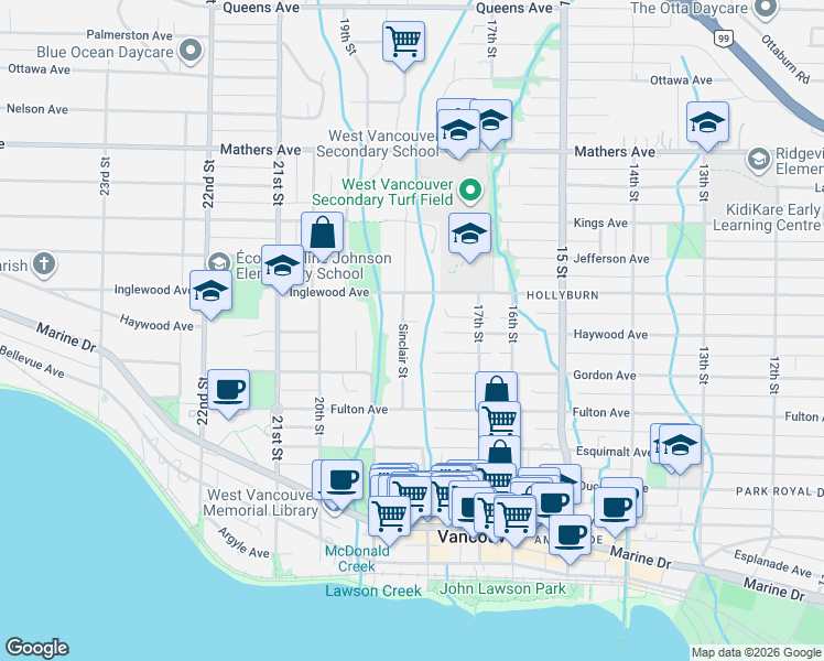map of restaurants, bars, coffee shops, grocery stores, and more near 1006 Sinclair Street in West Vancouver
