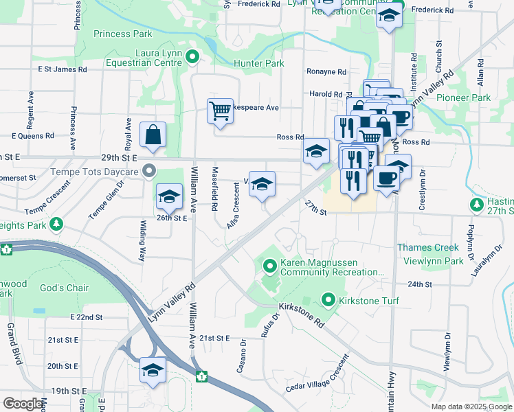 map of restaurants, bars, coffee shops, grocery stores, and more near 2725 Saint Christophers Road in North Vancouver