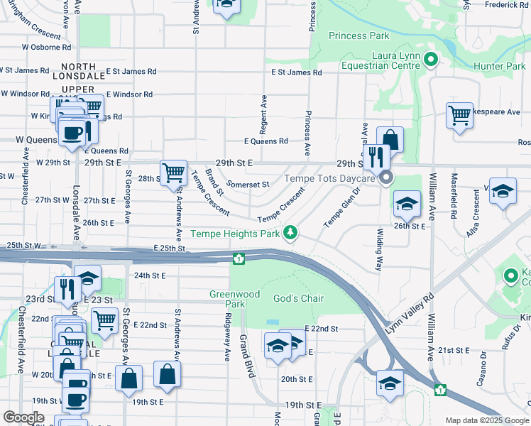 map of restaurants, bars, coffee shops, grocery stores, and more near 452 Tempe Crescent in North Vancouver