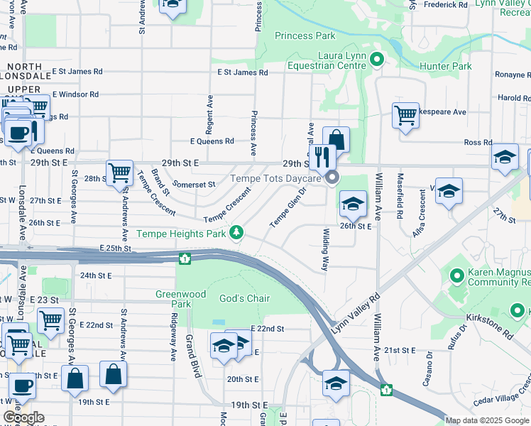 map of restaurants, bars, coffee shops, grocery stores, and more near 2688 Tempe Knoll Drive in North Vancouver