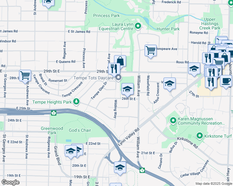 map of restaurants, bars, coffee shops, grocery stores, and more near 2840 Munday Place in North Vancouver