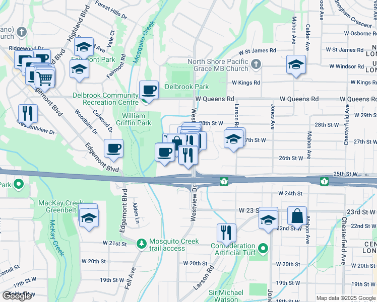 map of restaurants, bars, coffee shops, grocery stores, and more near in North Vancouver