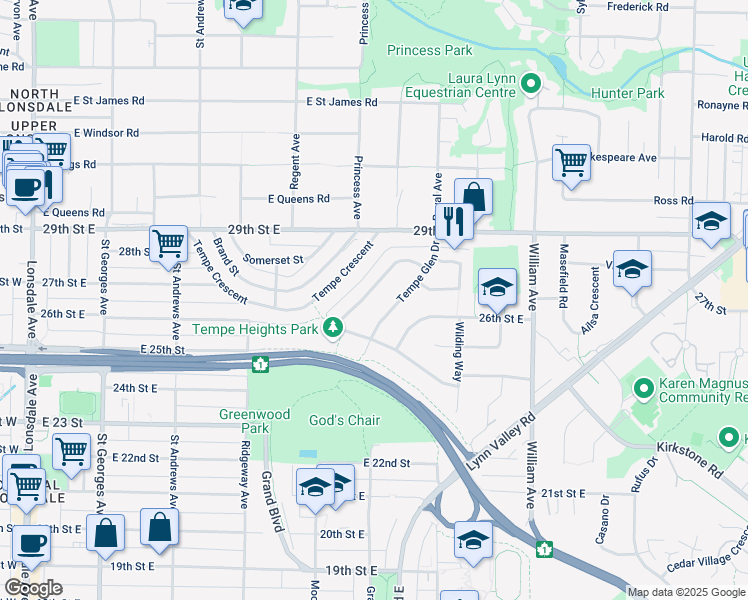 map of restaurants, bars, coffee shops, grocery stores, and more near 2688 Tempe Knoll Drive in North Vancouver