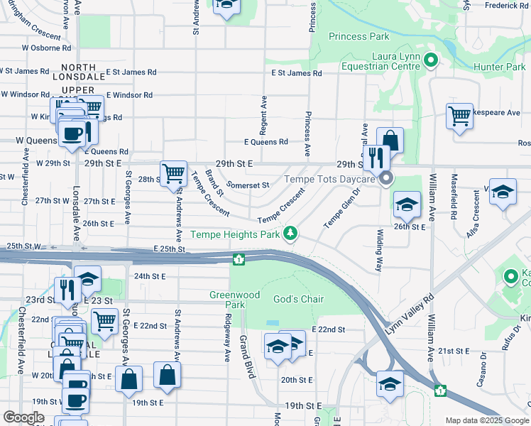 map of restaurants, bars, coffee shops, grocery stores, and more near 452 Tempe Crescent in North Vancouver