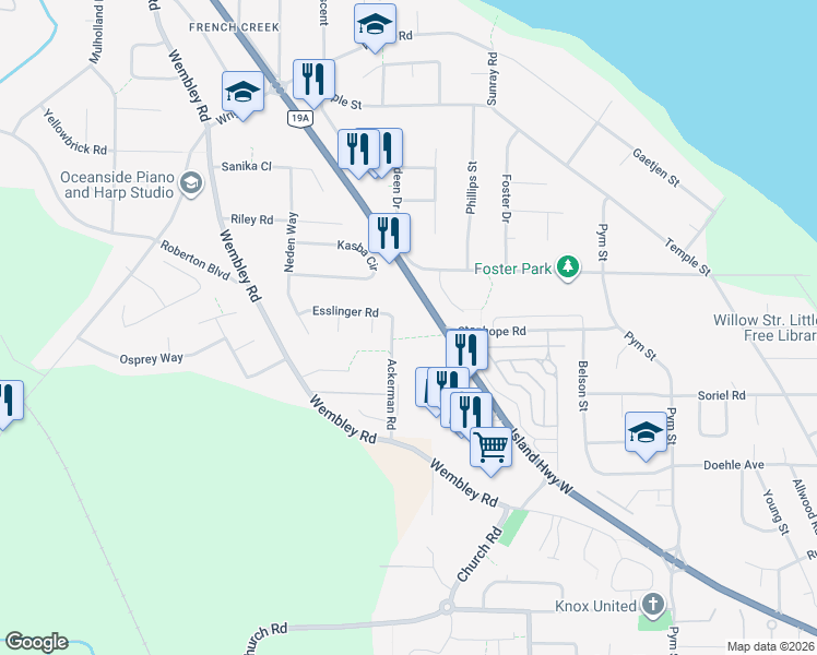 map of restaurants, bars, coffee shops, grocery stores, and more near 588 Castle Way in Parksville