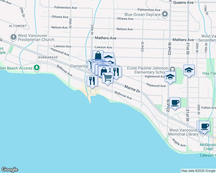 map of restaurants, bars, coffee shops, grocery stores, and more near 2433 Bellevue Avenue in West Vancouver